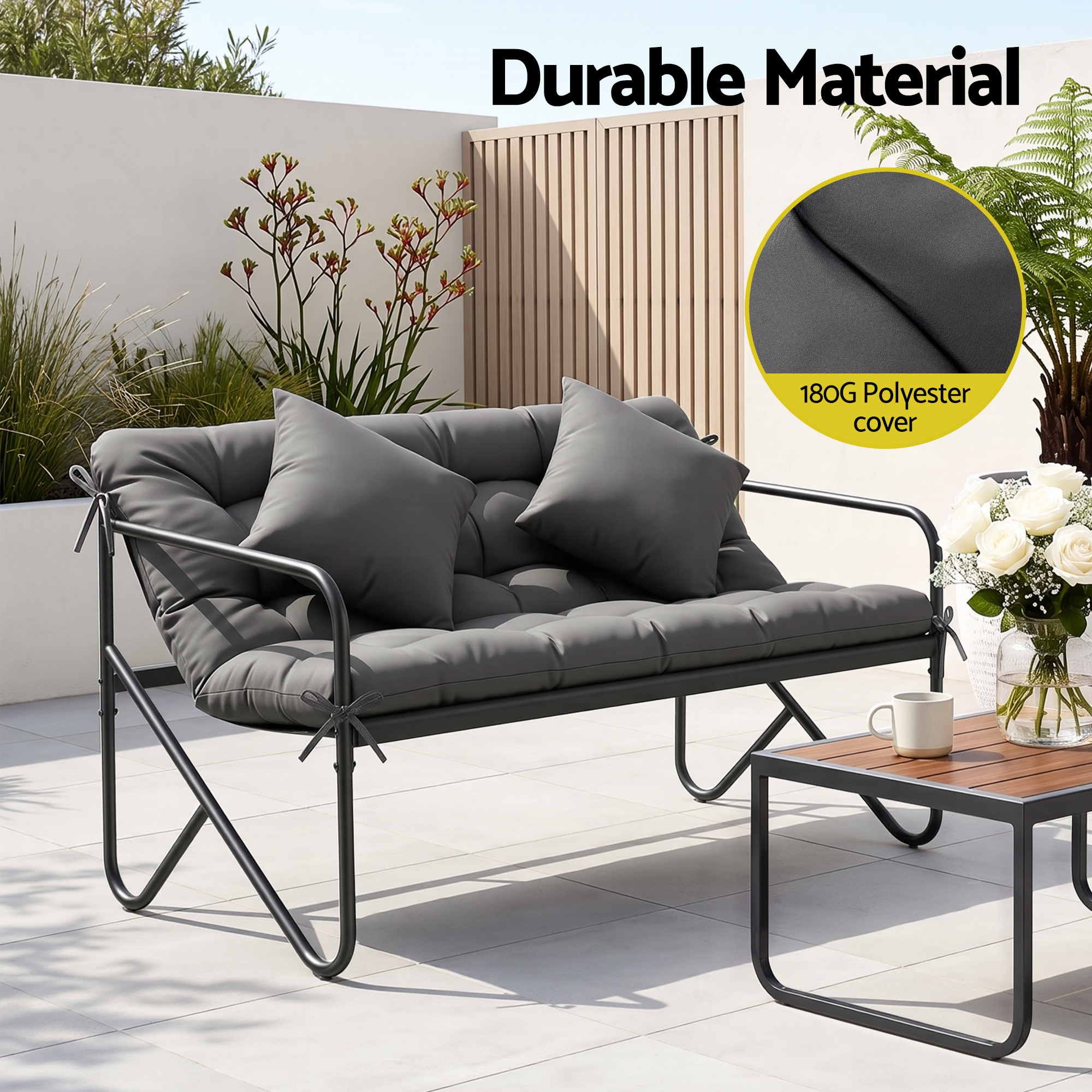 Gardeon Garden Bench 2 Seater Outdoor Bench Metal with Cushion 118cm Black Bedworld