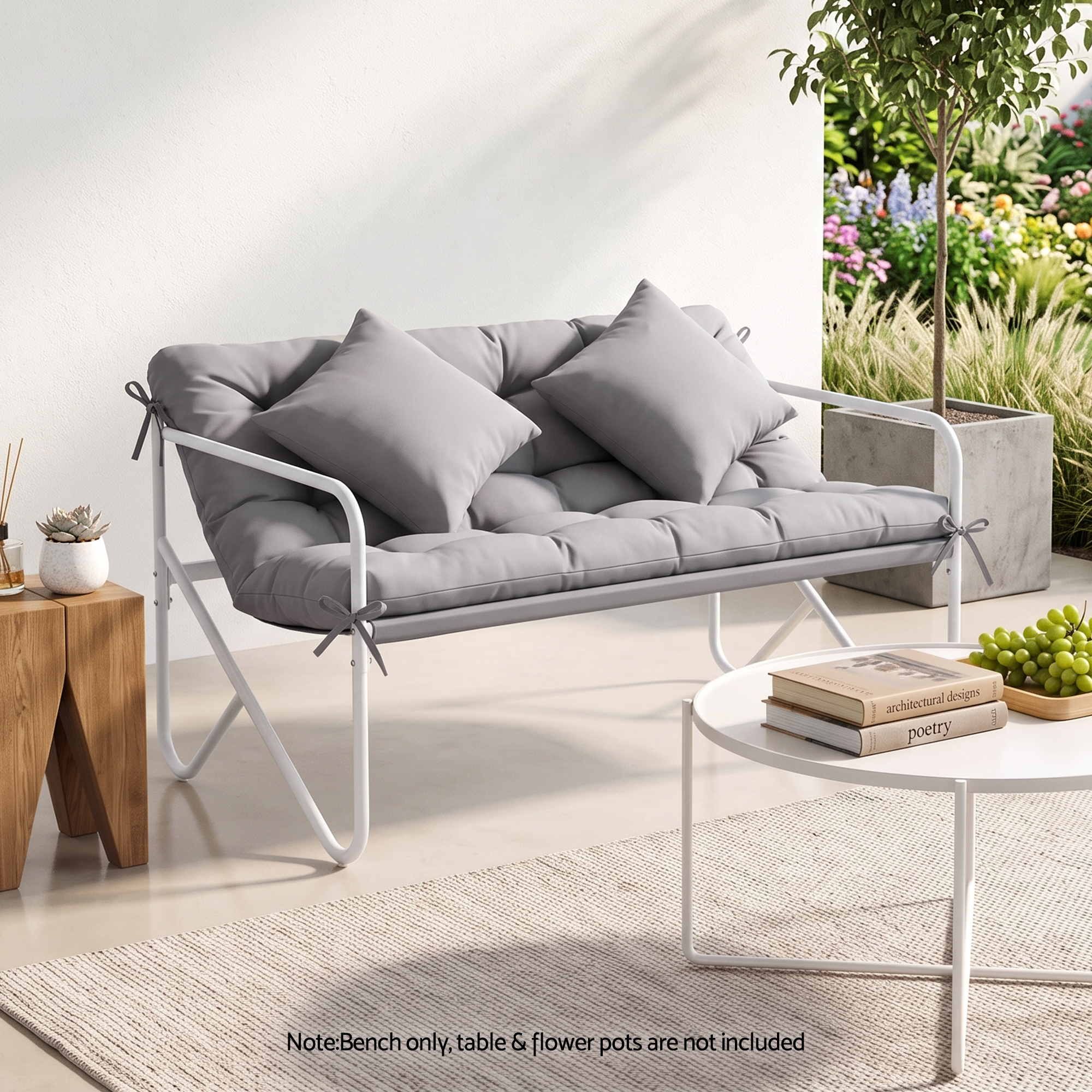 Gardeon Garden Bench 2 Seater Outdoor Bench Metal with Cushion 118cm Grey Bedworld