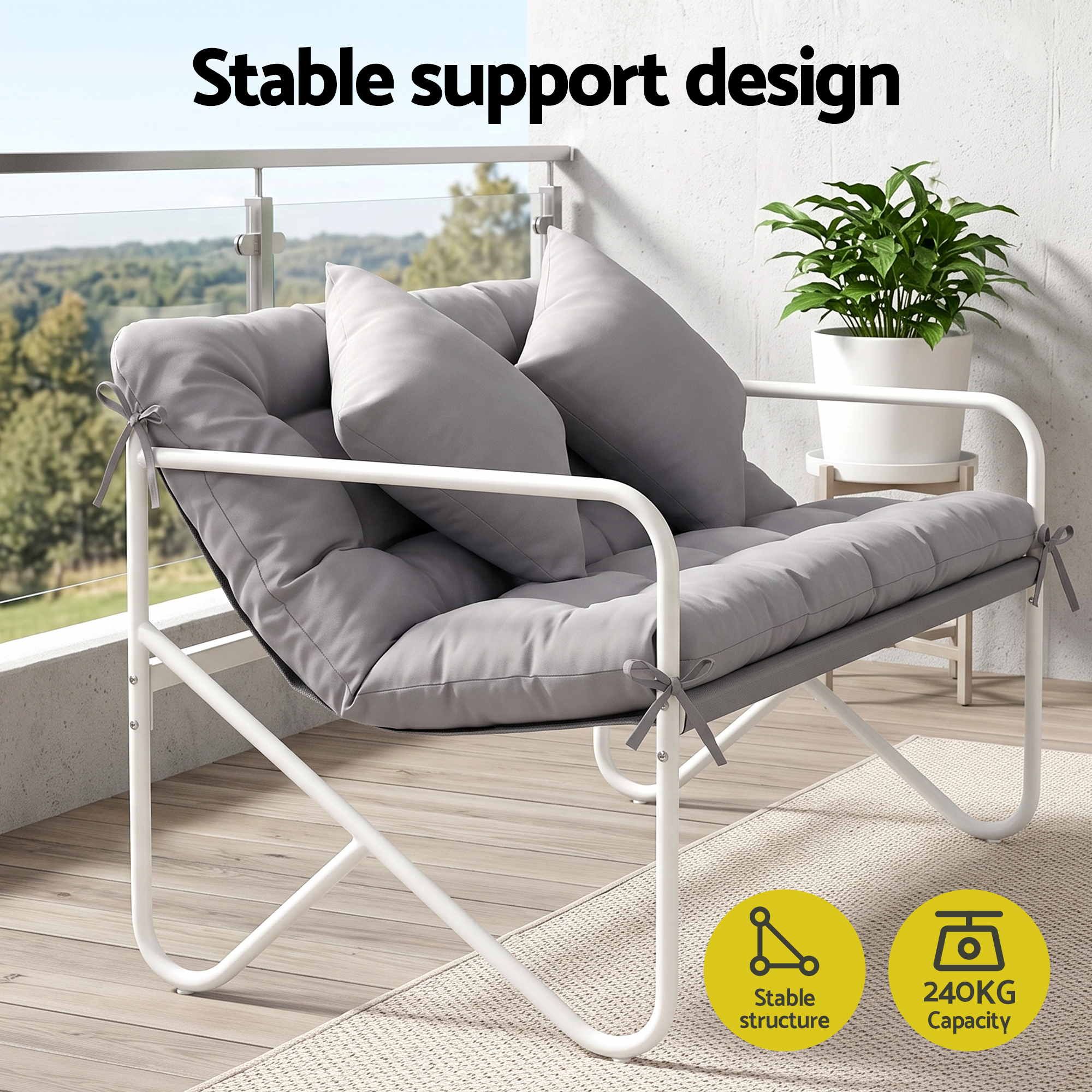 Gardeon Garden Bench 2 Seater Outdoor Bench Metal with Cushion 118cm Grey Bedworld