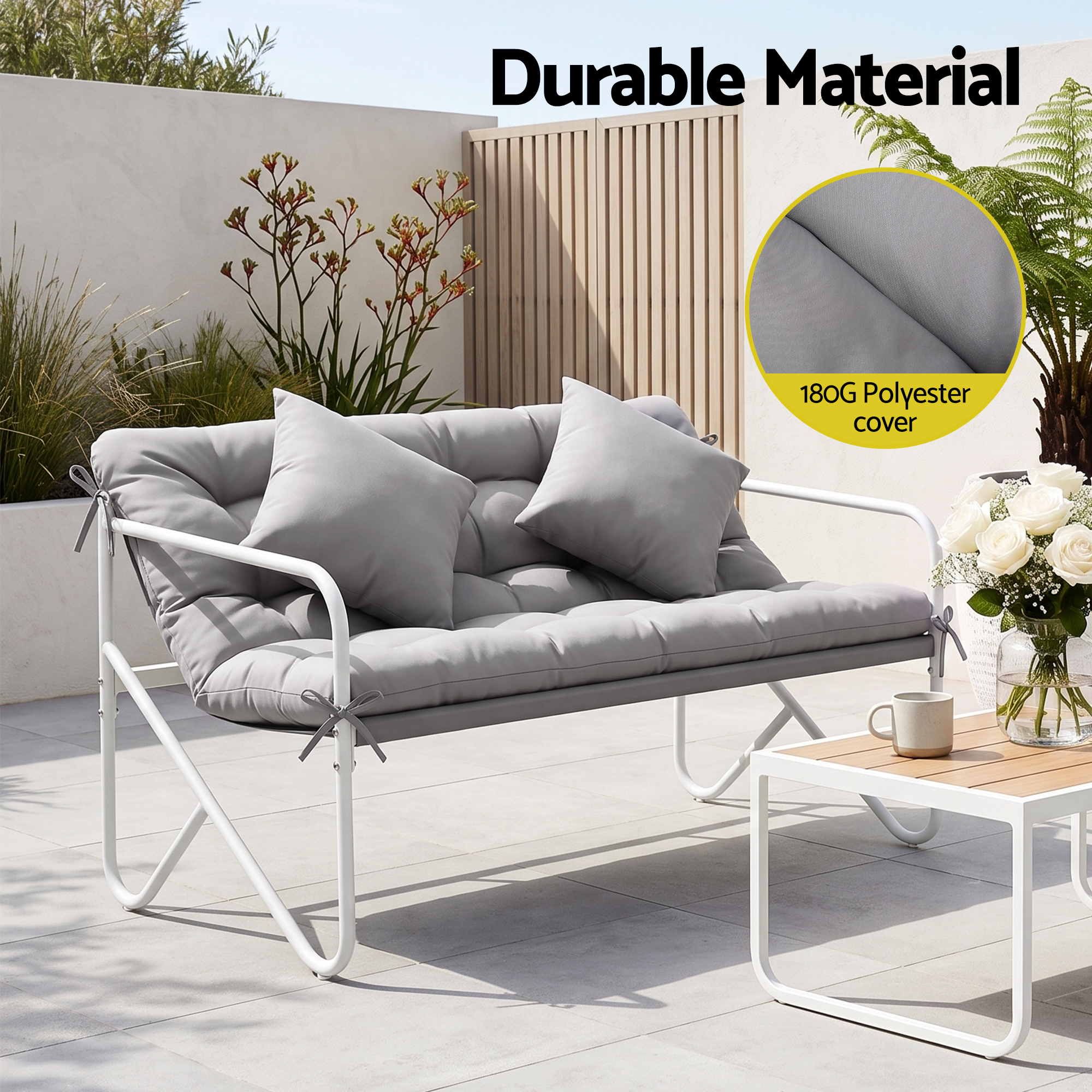 Gardeon Garden Bench 2 Seater Outdoor Bench Metal with Cushion 118cm Grey Bedworld