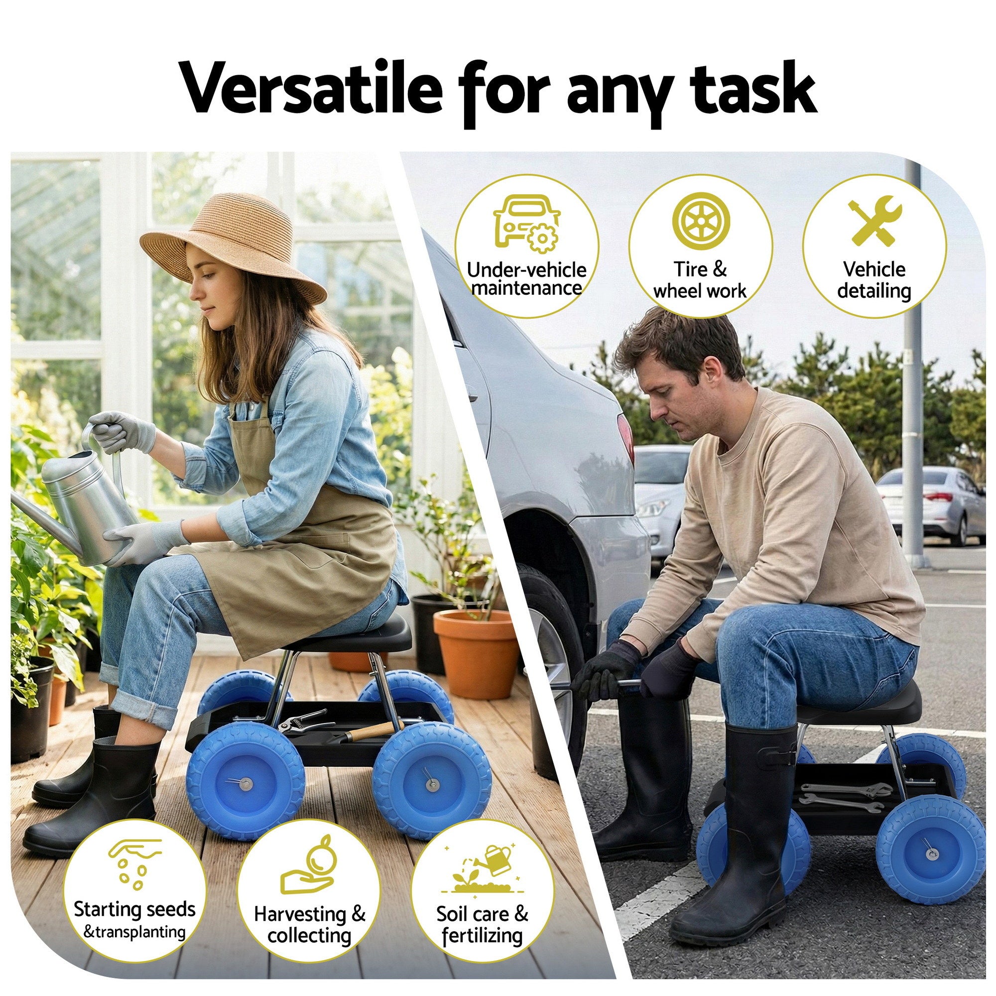Gardeon Garden Cart Seat with Wheels, Rolling Work Stool with Tool Storage Tray, 440lbs (200kg) Heavy Duty Capacity Garden Stool for Outdoor Yard Work, Car Detailing, and Garage Maintenance, Blue/Black