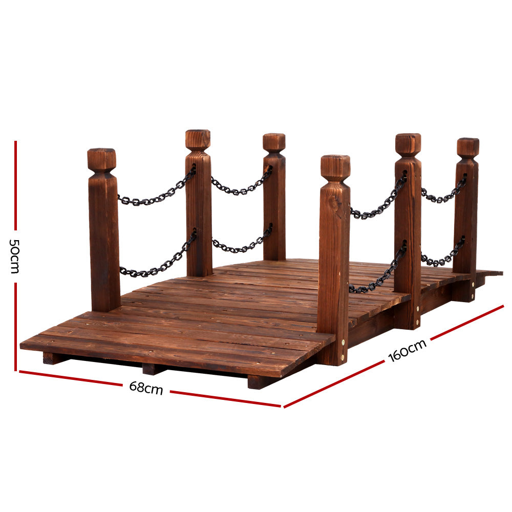 Wooden bridge outdoor ornament with chain railings and raised wooden platform, dark brown