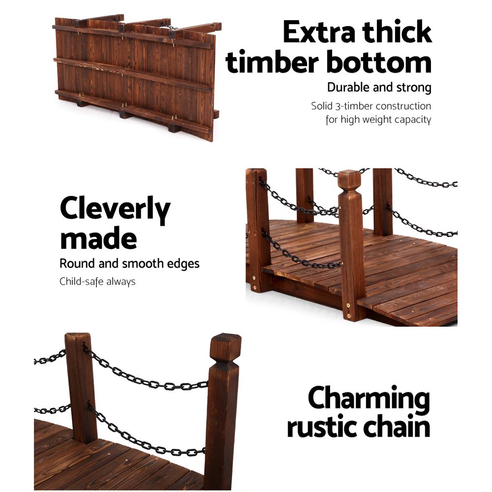Wooden bridge garden ornament with thick wooden bottom and chain railings, dark brown