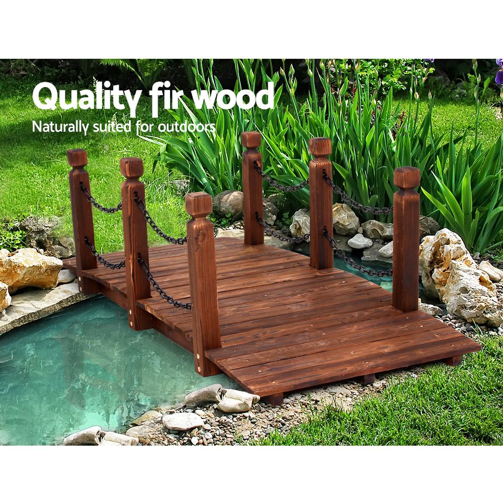 Wooden bridge outdoor ornament with chain railings and deck, dark brown wood