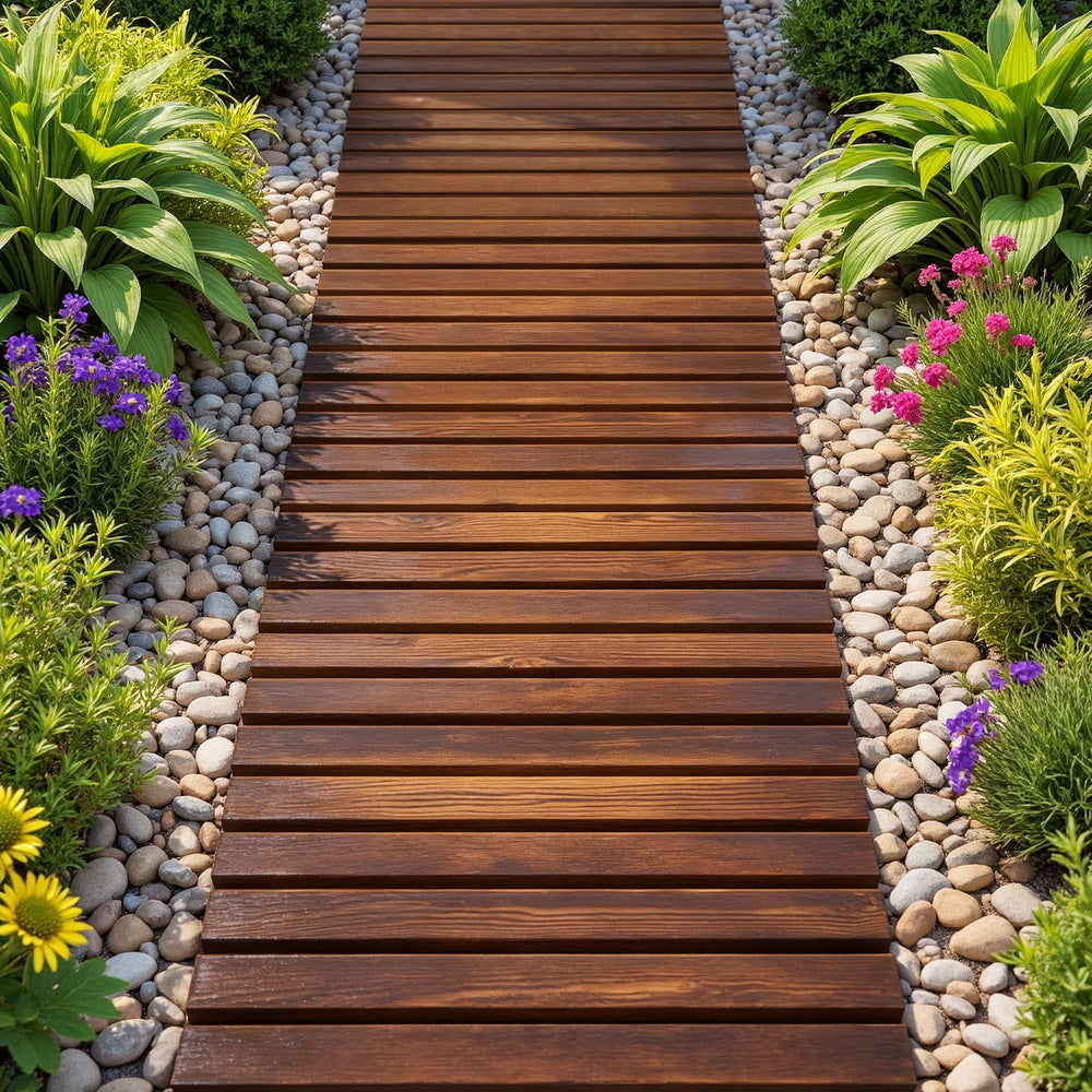 Charcoal brown wooden slat garden walkway, straight roll-out pattern