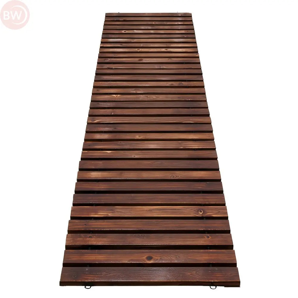 Charcoal brown wooden roll-out walkway panel with straight slats and metal loops