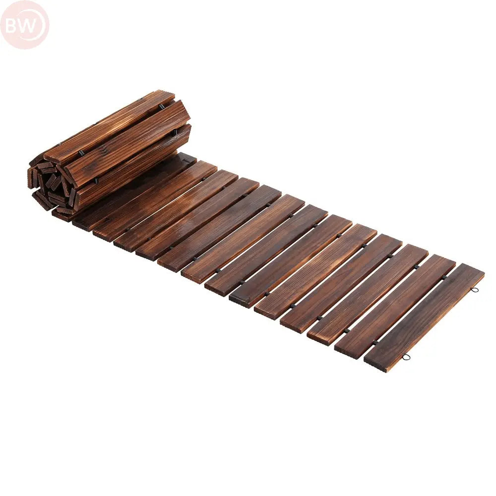 Charcoal brown wooden roll-out garden walkway with parallel slat boards