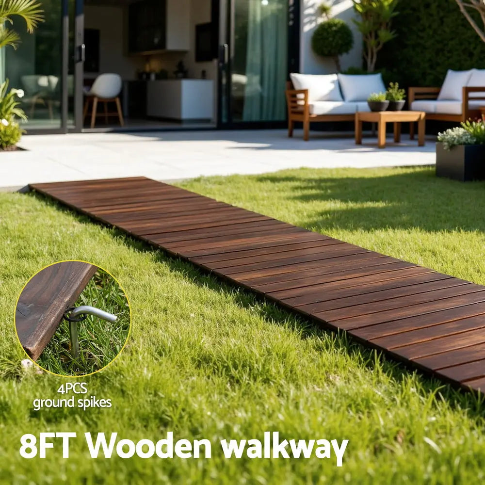 Charcoal brown wooden walkway laid on grass with straight slat panels