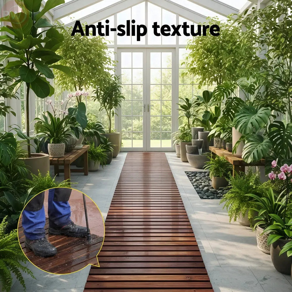 Charcoal brown wooden slat walkway with anti-slip texture on a garden path