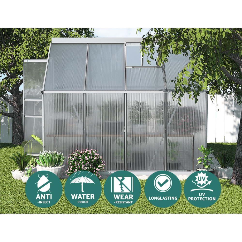 Green Fingers Greenhouse 2.42x1.9x1.95M Aluminium Polycarbonate Green House Garden Shed Bedworld