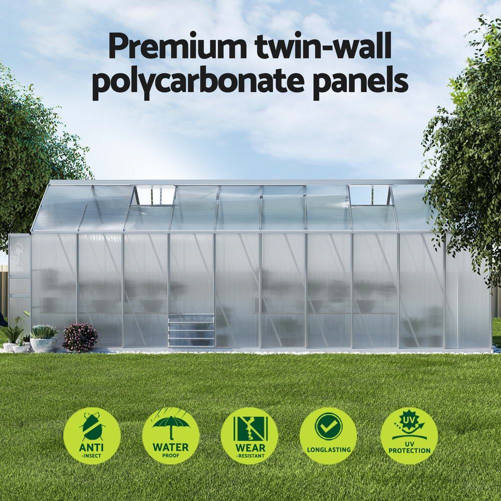 Green Fingers Greenhouse 6.03x2.44x2.68M Double Doors Aluminium Green House Garden Shed Bedworld