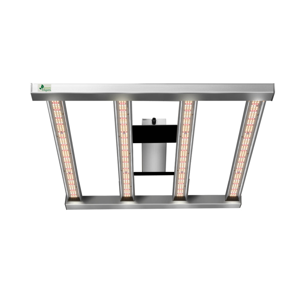 LED grow light fixture with four vertical LED bars in a metal frame