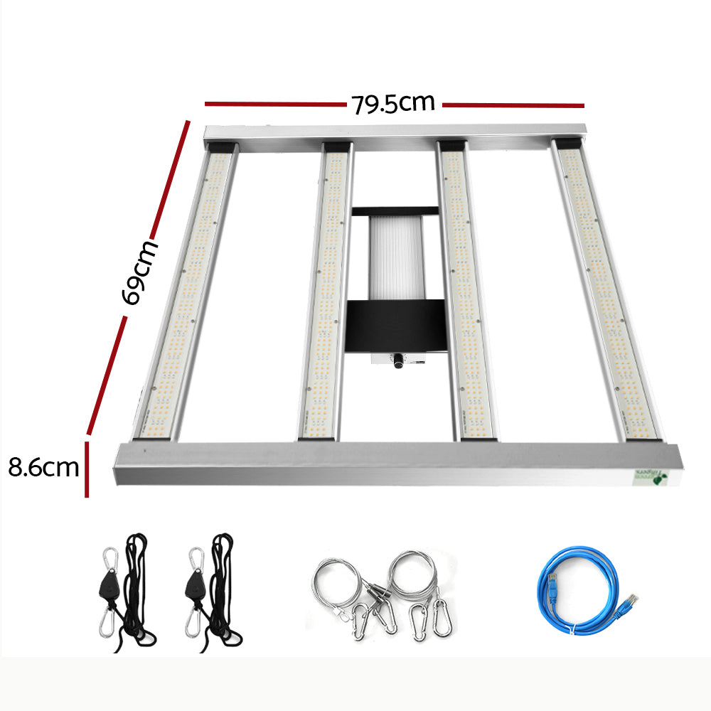 LED grow light frame with size markings plus power cords and hanging clips