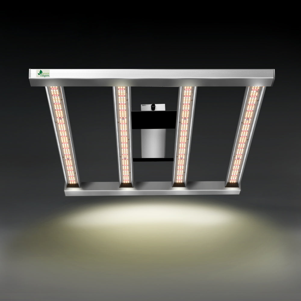 LED grow light panel with four lit vertical LED bars in rectangular housing