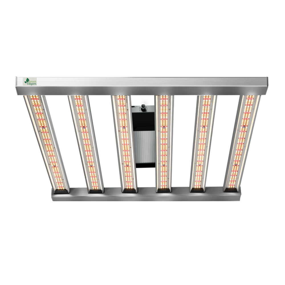 Full-spectrum LED grow light panel with six vertical light bars in a silver frame