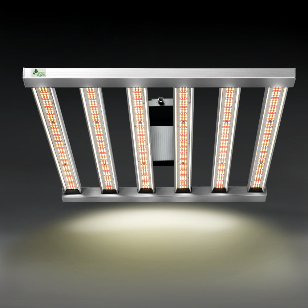 LED grow light fixture with six vertical full-spectrum bars in a silver metal frame