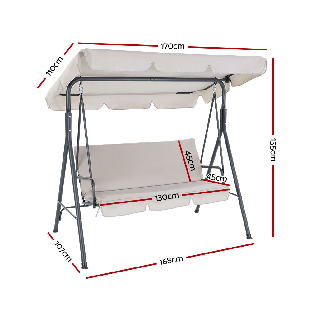 Beige 3-seater swing bench chair with canopy, side view and size diagram
