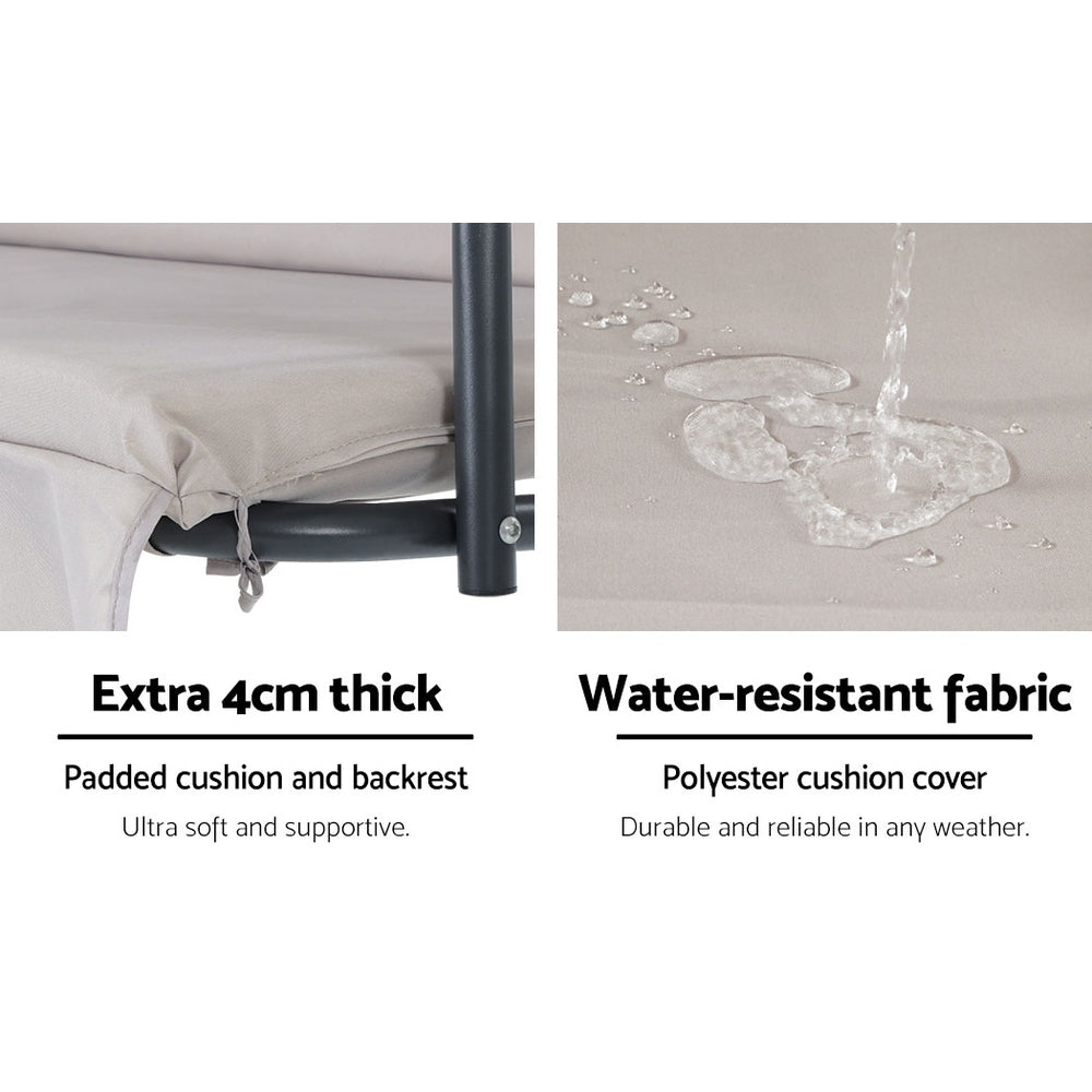 Beige padded swing seat with water-resistant fabric cover and side frame posts
