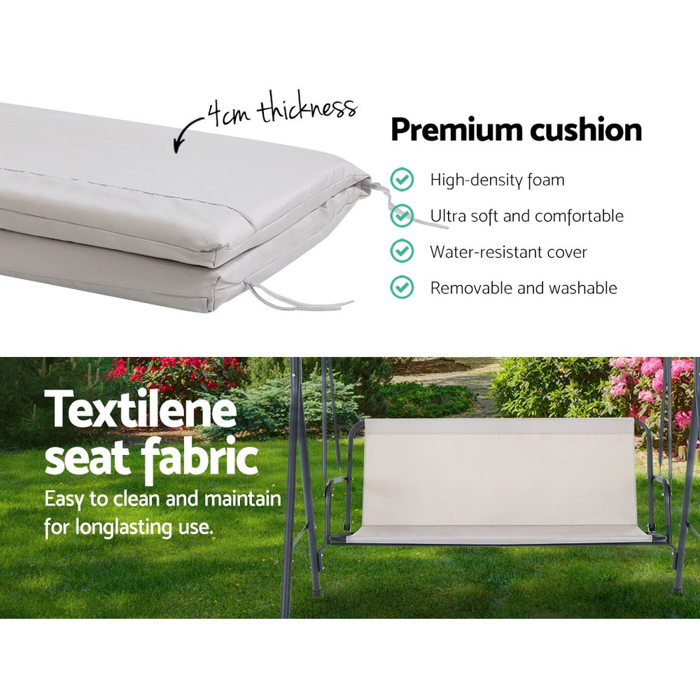 Beige cushioned swing bench with thick padding and removable, water-resistant cover