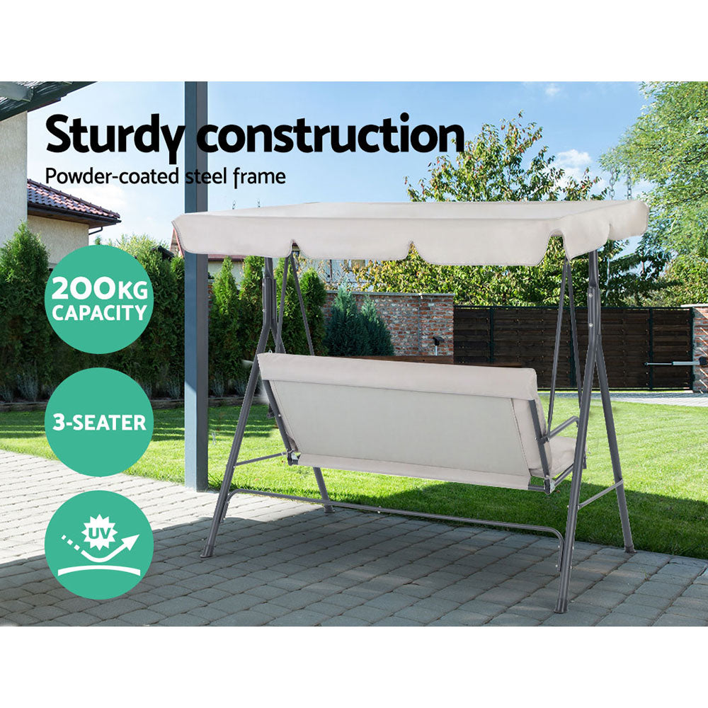 Beige 3-seater outdoor swing chair with canopy on powder-coated steel frame
