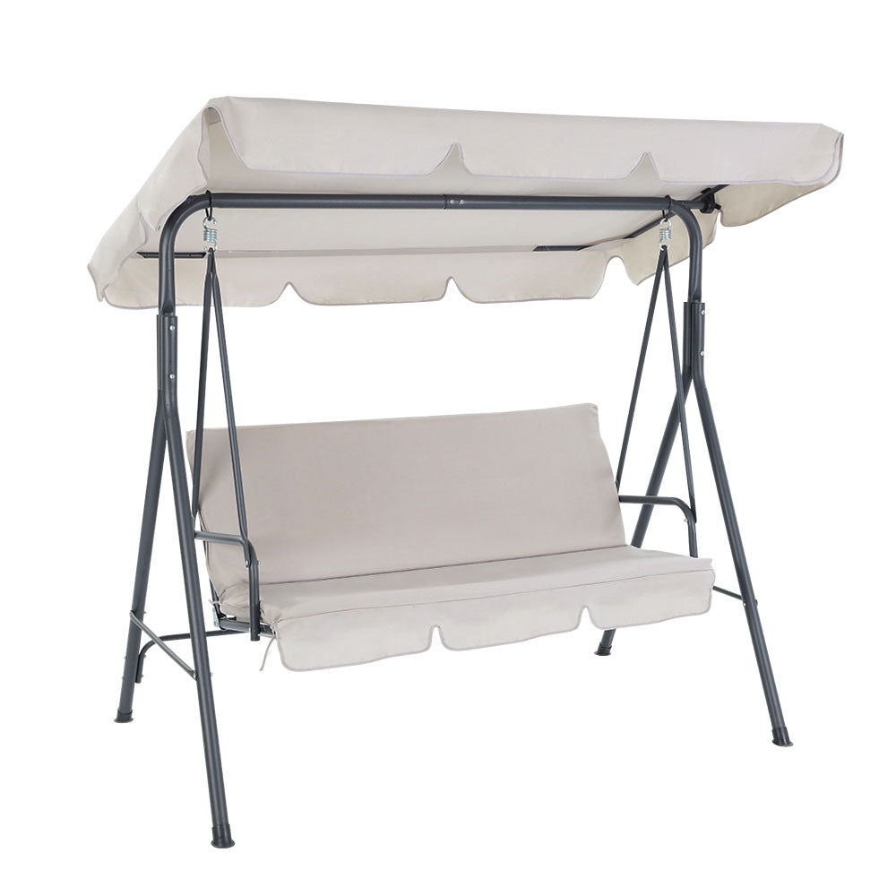 Beige 3-seater outdoor swing chair bench with canopy and dark metal legs