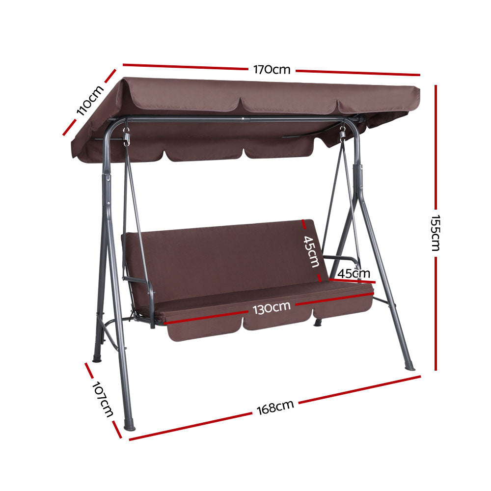 3-seater outdoor swing chair with brown canopy and cushioned bench seat, angled view