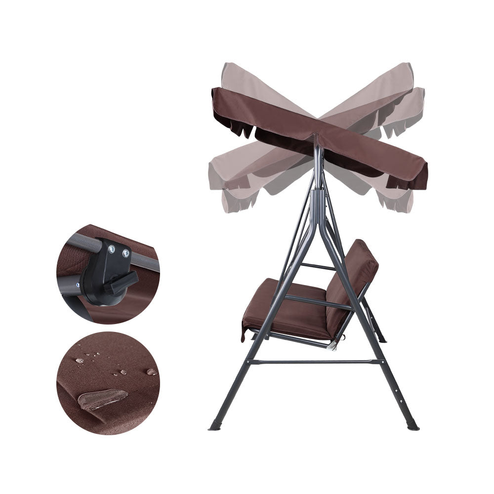 3-seater outdoor swing chair with brown canopy and bench cushion, side view