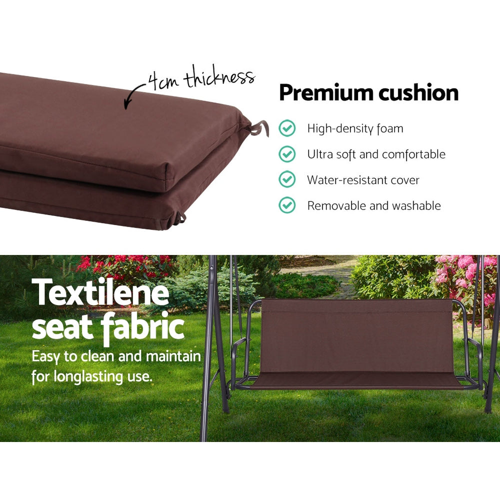 Brown thick-padded swing chair bench cushion for 3-seater outdoor use