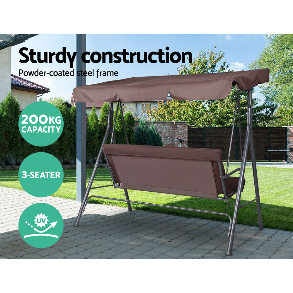 3-seater outdoor swing chair with brown canopy and cushioned bench on steel frame