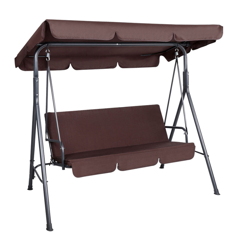 3-seater outdoor swing chair with brown canopy and cushioned bench seat, front view