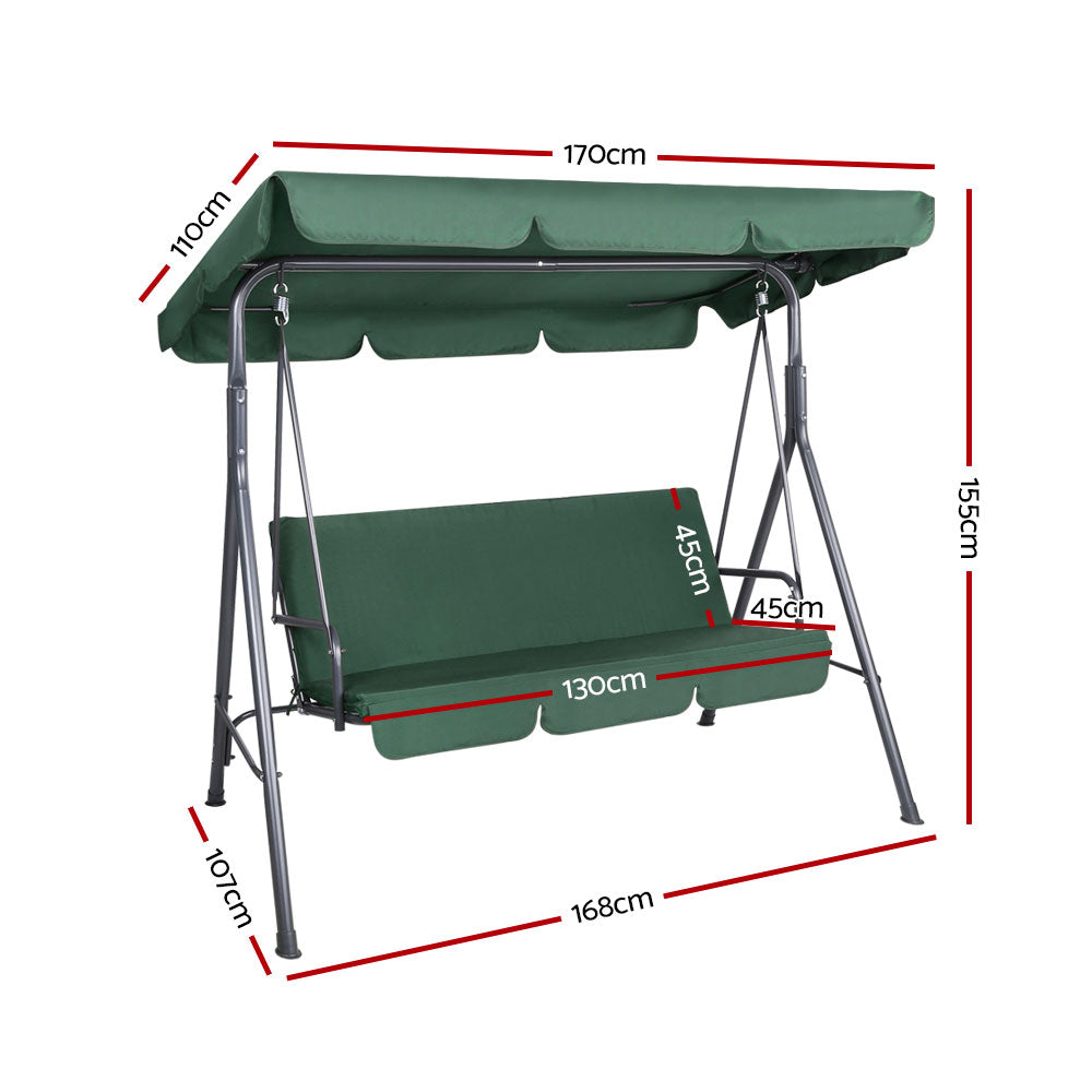 Green 3-seat swing bench with canopy, showing height and width dimensions