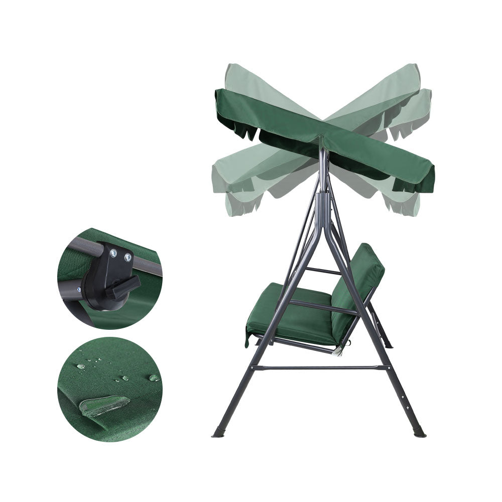 Green 3-seat outdoor swing bench with canopy and padded seat, side view