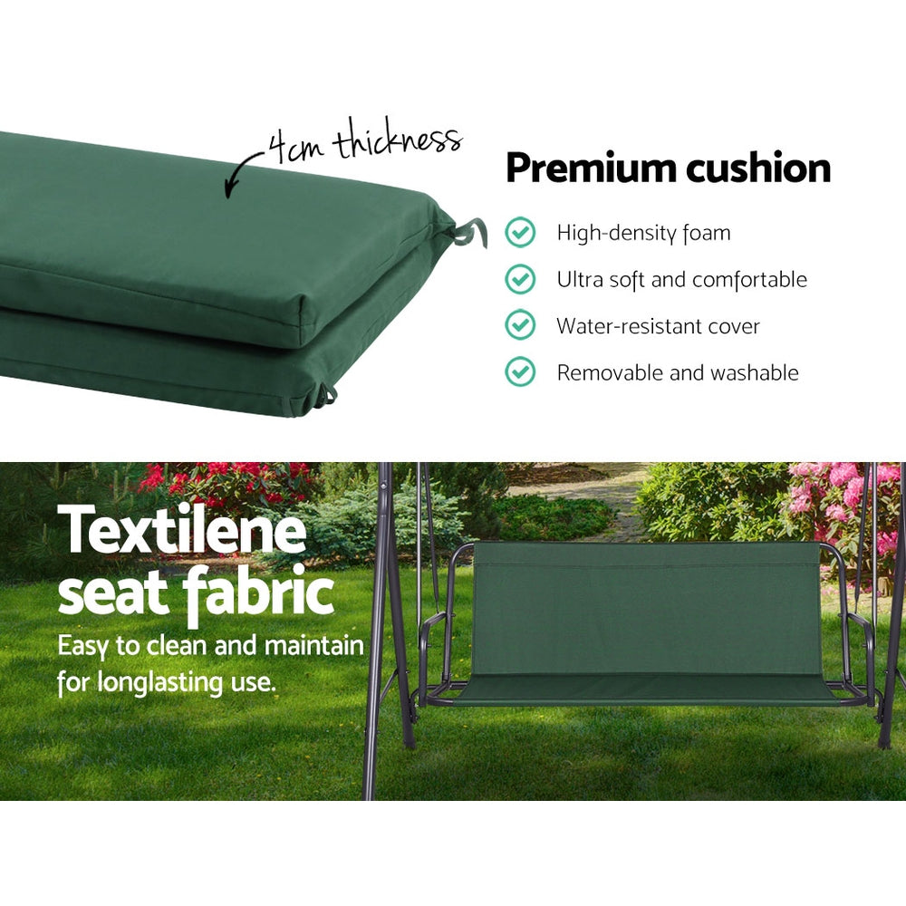 Green 3-seat swing bench with thick padded cushion and seat fabric panel