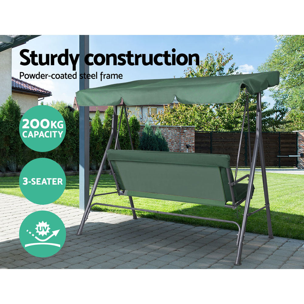 Green 3-seat outdoor swing bench with powder-coated steel frame and canopy