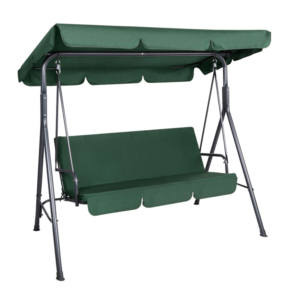 Green 3-seat outdoor swing bench with canopy, padded seat and backrest cushions