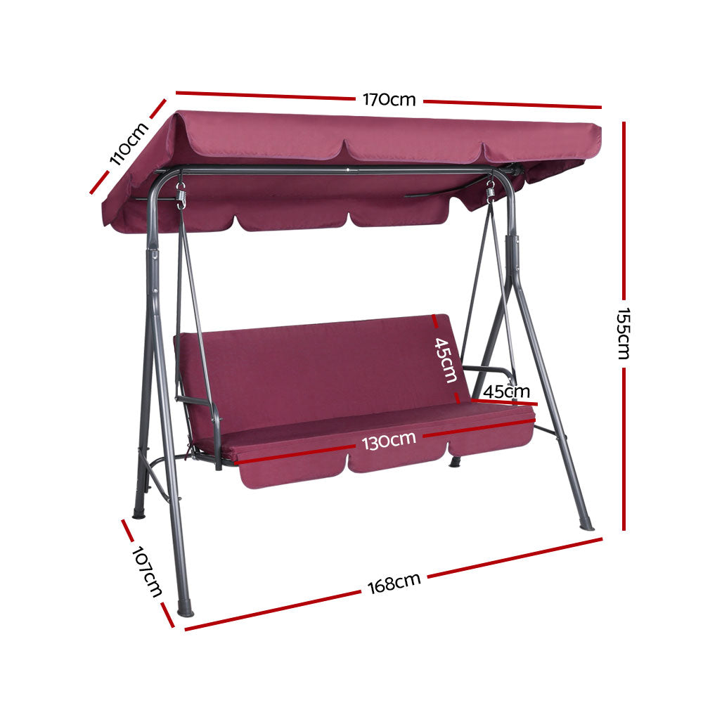 Outdoor 3-seater swing chair with wine red canopy and seat cushions, front side view
