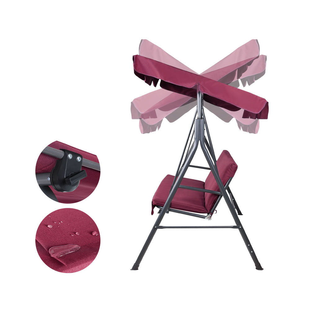 Outdoor swing chair with canopy and wine red cushions, supported by metal A-frame