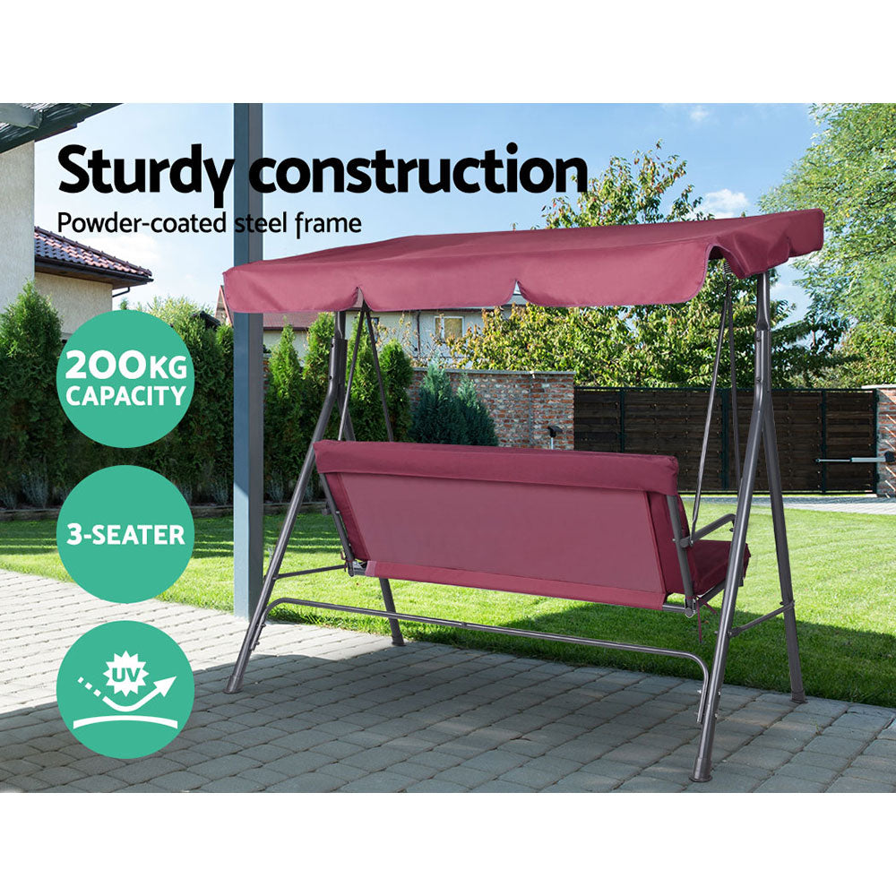 Powder-coated steel frame outdoor swing chair with wine red canopy and cushions