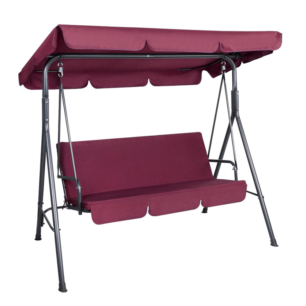 Outdoor 3-seater swing chair with wine red canopy, curved support frame and cushions