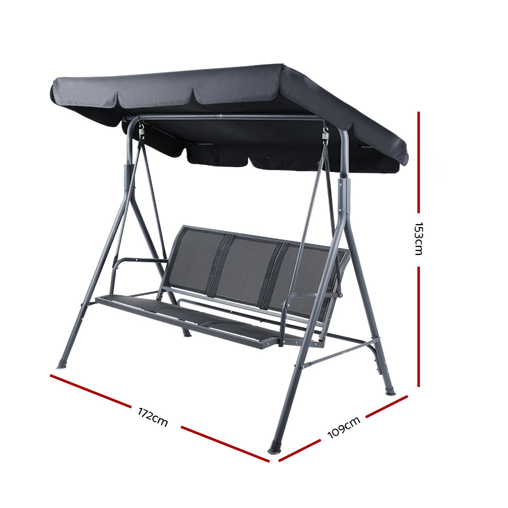 Outdoor swing chair bench with dark canopy cover and black mesh seating on metal frame