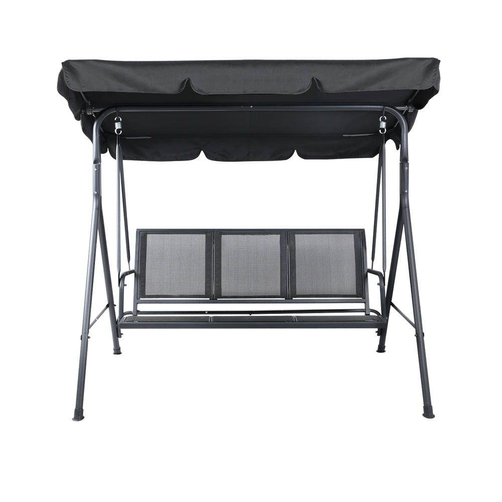 Outdoor swing chair bench with canopy top and black mesh back panels, centered front view