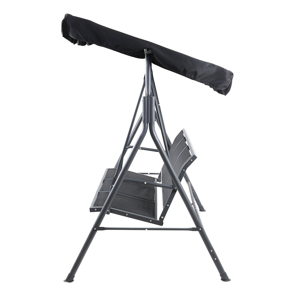 Outdoor swing chair bench with dark canopy and black mesh seat and backrest, side view
