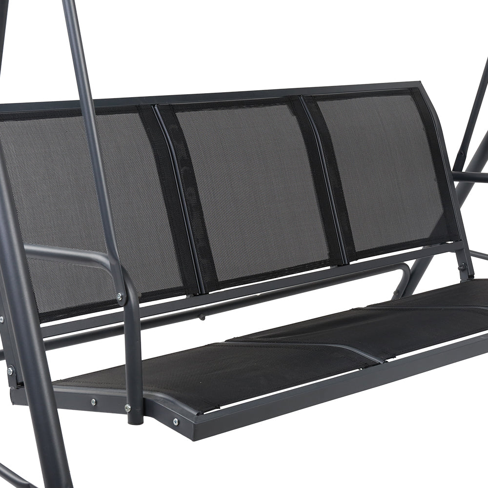 Outdoor swing chair bench close-up of black mesh backrest panels and padded seat cushion