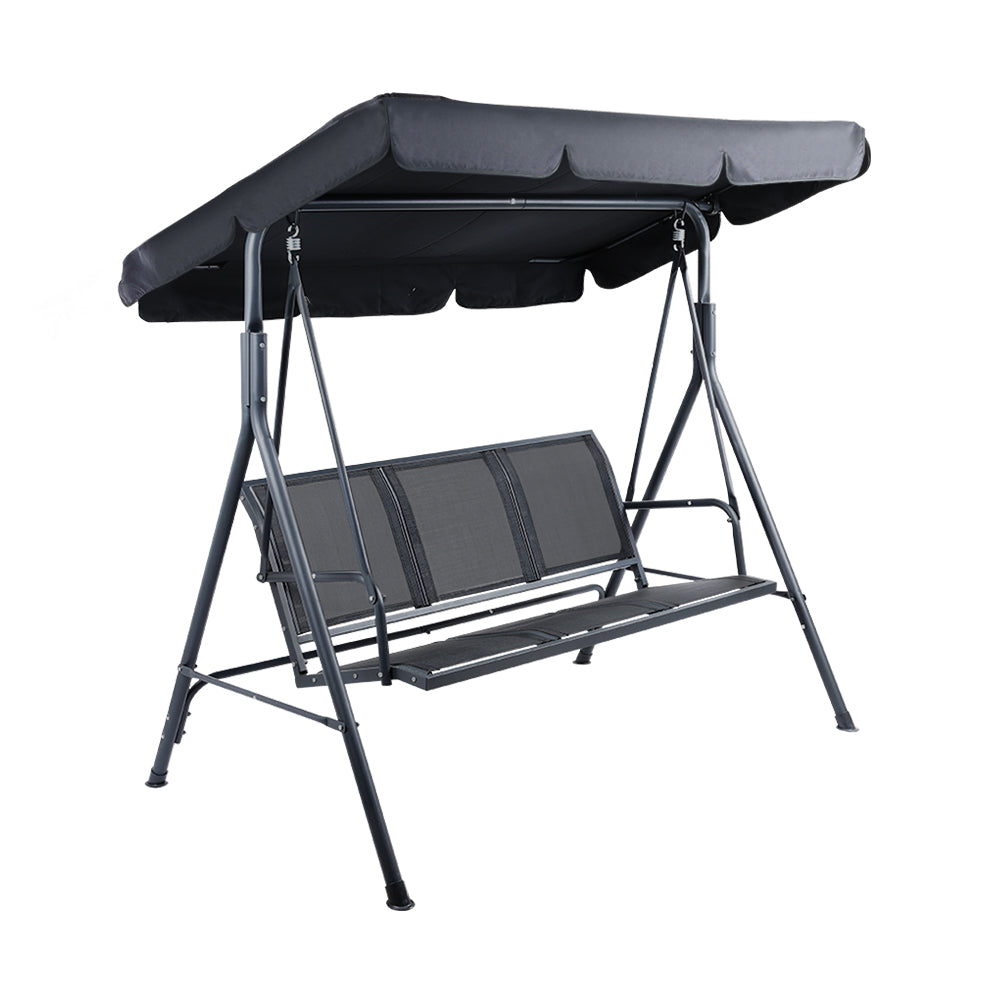 Outdoor swing chair bench with dark canopy top and black mesh seat, three-quarter view