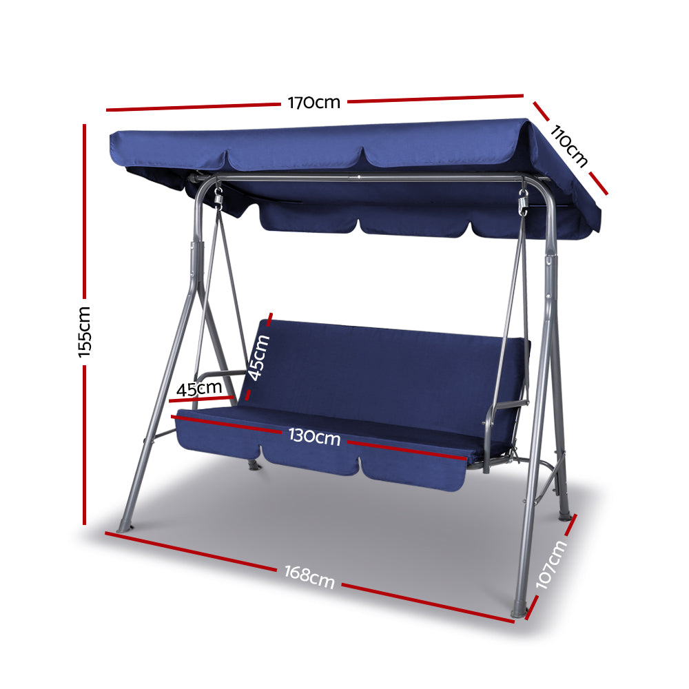 Navy outdoor swing bench chair with canopy, padded seat, and backrest.