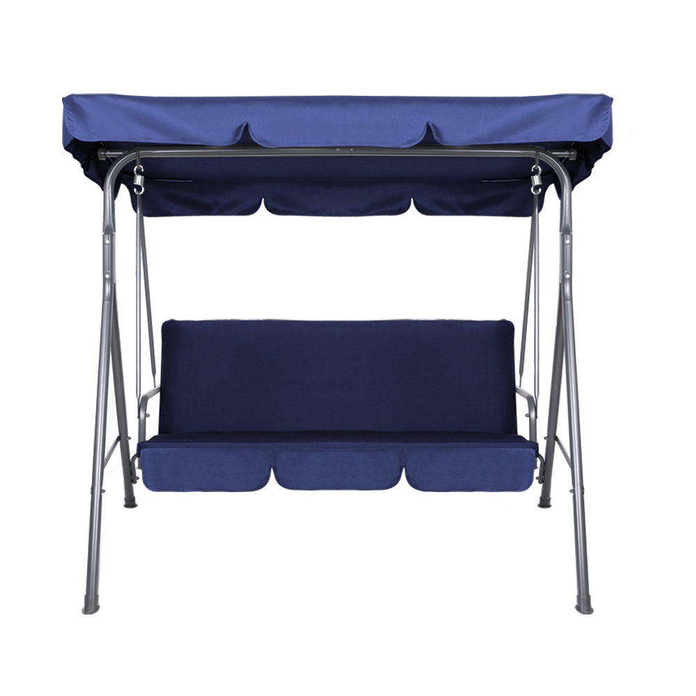 Navy outdoor swing bench chair with canopy top and padded double seat.