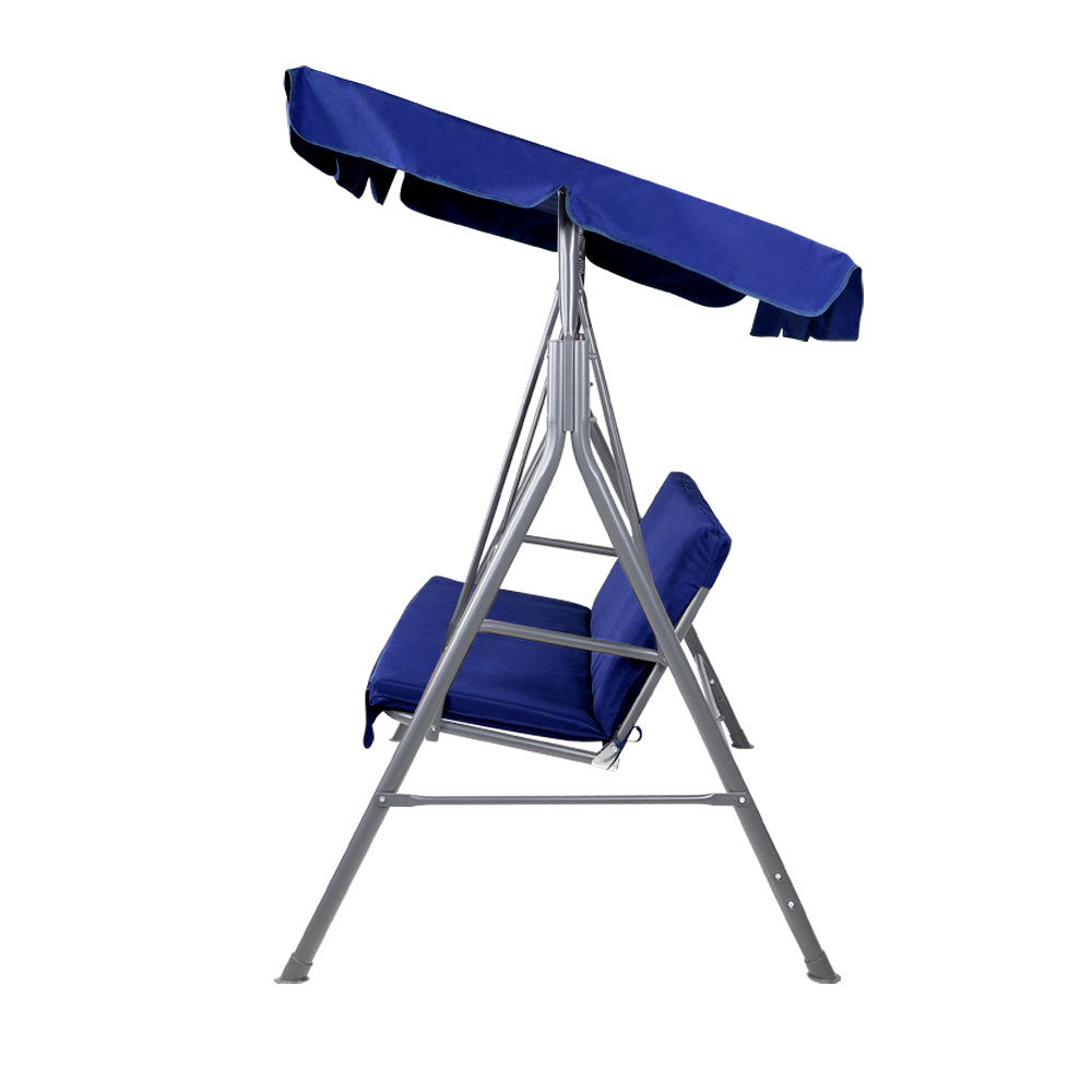 Navy outdoor swing bench chair with canopy, padded seat, and side frame supports.