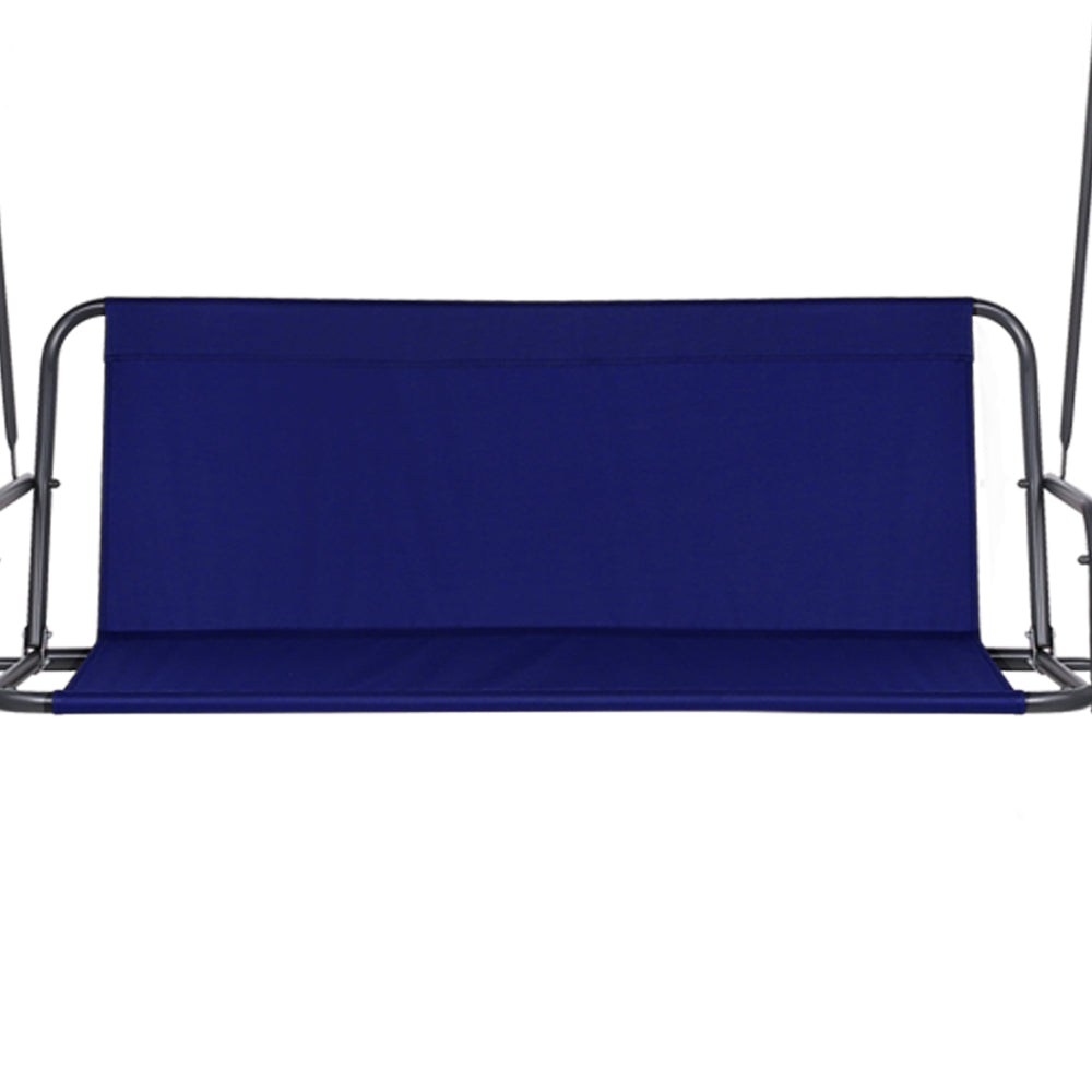 Navy padded swing bench seat with tubular metal armrests and frame.