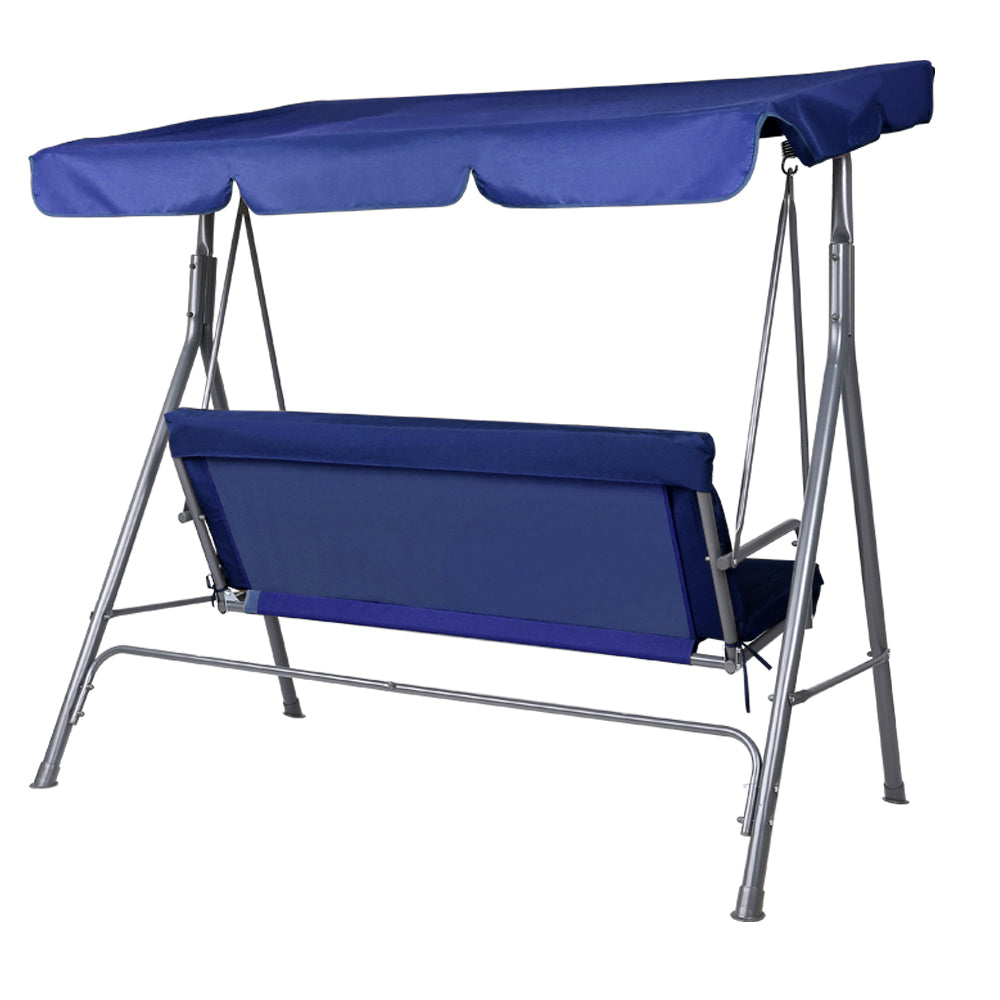 Navy outdoor swing bench chair with canopy, padded seat, and sturdy metal legs.