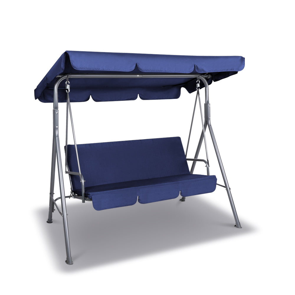 Navy outdoor swing bench chair with canopy and padded seat in a front angle.